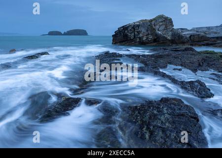 Sheep Island depuis les rives rocheuses de Ballintoy sur la Causeway Coast, comté d'Antrim, Irlande du Nord. Printemps (mars) 2024. Banque D'Images