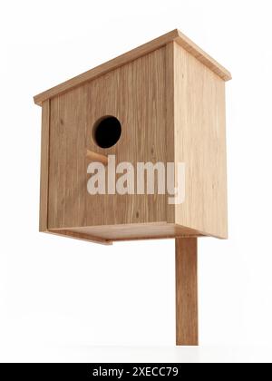 Maison d'oiseaux en bois isolé sur fond blanc. Illustration 3D. Banque D'Images