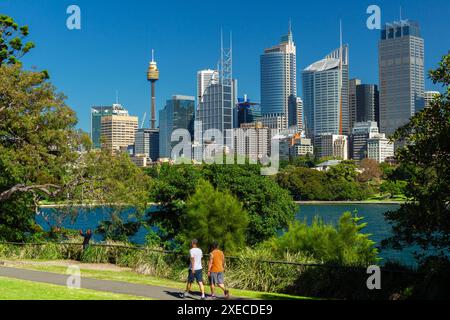 La ligne d'horizon de la ville de Sydney, en Australie vue depuis le sentier de randonnée sur Mrs Macquarie's point. Farm Cove sur le port de Sydney est vu à mi-distance Banque D'Images