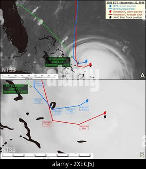 WASHINGTON — ce graphique, publié par le NTSB Dec. 13, 2016, compare l’emplacement de l’ouragan Joaquin et la piste prévue fournie par le fichier météorologique principal du bon voyage System (BVS) et la diffusion Inmarsat-C SafetyNET, et accessible à l’équipage du El Faro Sept. 30, 2015, vers 23 h (HAE). La ligne pointillée verte montre la trajectoire d’El Faro et les lignes bleue et rouge représentent l’emplacement de Joaquin et les meilleures données de trajectoire de BVS et Inmarsat-C SafetyNET, respectivement. Les représentations sont superposées sur une image infrarouge du satellite GOES-13 prise vers 23 h 15 le 30 septembre 2015. (Graphique NTSB Banque D'Images