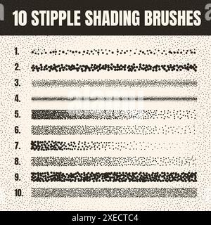 Pinceau dispersé à stipple, dessin à l'encre et texturation. Dégradé de fondu. Pointillés, dessin dotwork, ombrage à l'aide de points. Effet de désintégration des demi-tons Illustration de Vecteur