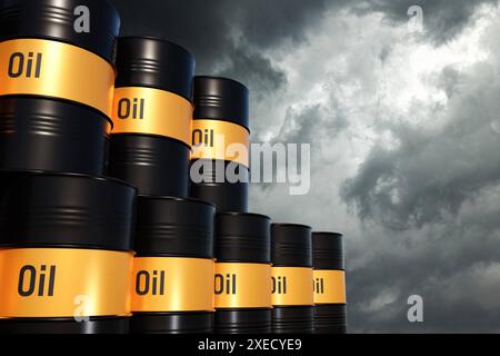 Piquait des barils de pétrole noirs contre un ciel spectaculaire. Piquait des barils de pétrole noirs contre un ciel spectaculaire. Matières premières, crise énergétique, industrie pétrolière et gazière. Illustration 3D commodity065s02 Oil baril and pompes paysage Banque D'Images