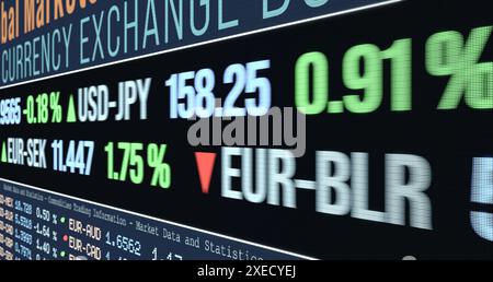 Bureau de change avec taux pour le dollar américain, yen japonais, euro, couronnes suédoises, réal brésilien. Gros plan sur l'écran de l'appareil avec les taux de change. Ticker board avec dollar américain, yen japonais, euro, couronnes suédoises, taux de change des devises réelles brésiliennes. Informations commerciales, trading de devises, investissement. Illustration 3D img currency024s01 global currency ticker Banque D'Images