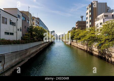 Une vue de la rivière Sendaibori vue depuis le pont Umibe, dans le district de Fukagawa, quartier Koto, Tokyo, Japon Banque D'Images