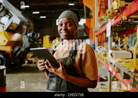 Portrait moyen d'une jeune technicienne noire confiante tenant une tablette numérique debout dans un entrepôt souriant à la caméra Banque D'Images