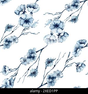 Motif aquarelle sans couture en fleur de cerisier. Illustration isolée florale dessinée à la main sur fond blanc. Fleurs monochromes bleu Indigo sur la branche Banque D'Images