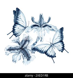 Fleurs d'iris avec des papillons aquarelle peinture. Illustration dessinée à la main isolée sur fond blanc. Elément monochrome bleu pour la mode, la beauté Banque D'Images