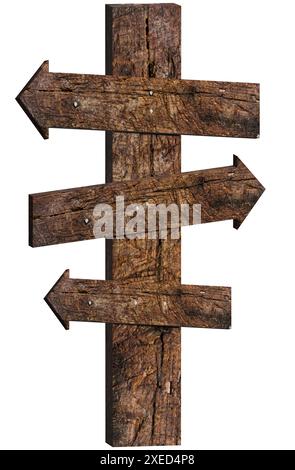 Flèches en bois brunes avec différentes directions sur fond isolé Banque D'Images