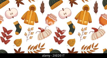 Modèle d'automne sans couture avec des éléments confortables tels qu'un imperméable jaune, chaussettes en tricot, citrouilles, tranche de pomme, miel, et diverses feuilles d'automne et baies. Les tons chauds orange, rouge et vert. Illustration de Vecteur