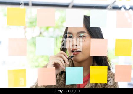 Attrayant busness femme poster des autocollants sur verre au bureau et écrire dessus. Femme d'affaires confiante portant des lunettes. Écrivez vos idées ou vos tâches sur Banque D'Images