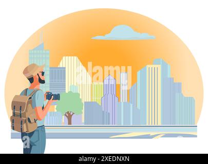 Vector illustration homme avec appareil photo, sac à dos regarde le paysage de la ville. Voyage. Vacances. Tourisme attractions touristiques. Tours et monuments paysage urbain. P Illustration de Vecteur