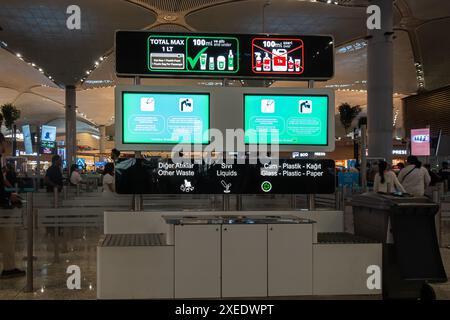 Panneau articles autorisés et interdits indiquant ce que les passagers peuvent prendre à bord du vol, panneau bilingue turc anglais, aéroport d'Istanbul (IST), Turquie, poubelle Banque D'Images