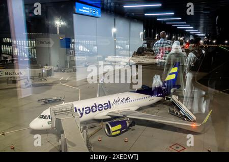 Airbus A320 exploité par flyadeal budget Airline sur tarmac derrière la fenêtre avec réflexion des passagers à l'aéroport d'Istanbul (IST), Turquie Banque D'Images