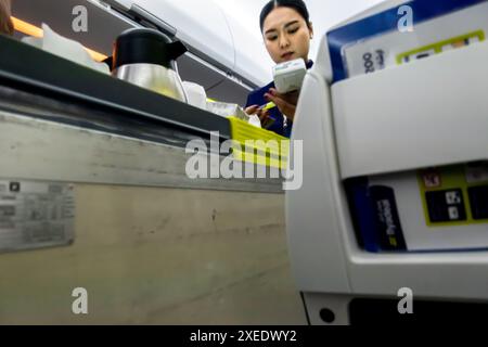 Agent de bord prenant le paiement de la voiture de crédit pour les repas servis aux passagers dans une cabine d'avion Airbus A320 exploité par flyadeal budget Airline Banque D'Images