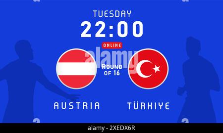 Autriche vs Turkiye, manche du 16 juillet 2024, emblème des drapeaux. Fond vectoriel avec drapeaux autrichiens et turcs pour le championnat de football, programme de nouvelles Illustration de Vecteur