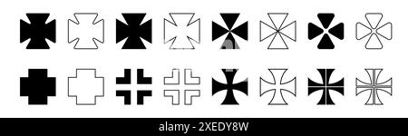 Jeu d'icônes de croix maltaise, croix divisées, symbole de croix chrétienne, forme de contour Illustration de Vecteur