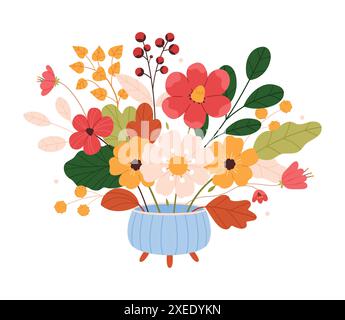 Un beau bouquet d'automne. Composition floristique de belles fleurs de jardin et de prairie dans un vase en verre. Élégant bouquet de fleurs sauvages. Illustration de Vecteur