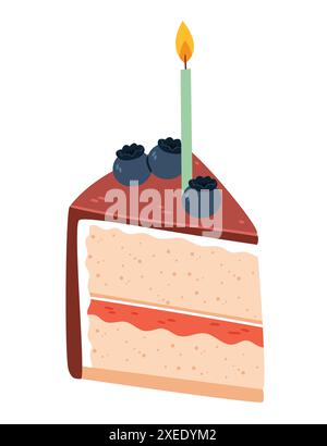 Un morceau de gâteau au chocolat avec des myrtilles et une bougie. Bougie d'anniversaire sur gâteau au chocolat glacé et garni de baies. Illustration de Vecteur