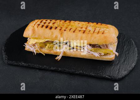 Gros sandwich avec poulet sur planche de pierre Banque D'Images