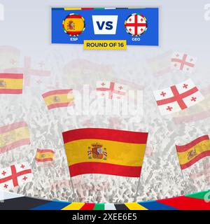 Les fans de football acclament avec des drapeaux pour le match entre l'Espagne et la Géorgie. Illustration sportive pour la compétition de football en Europe. Modèle vectoriel. Illustration de Vecteur