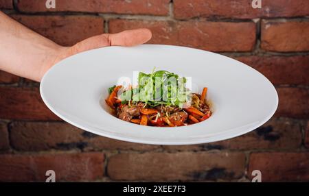 veau avec carottes et roquette dans l'assiette Banque D'Images