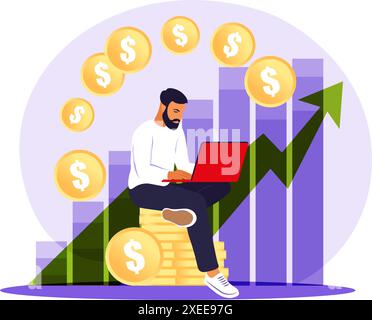 Investisseur homme avec ordinateur portable de surveillance de la croissance des dividendes. Trader investissant du capital, analysant des graphiques de bénéfices. Illustration vectorielle plate. Illustration de Vecteur