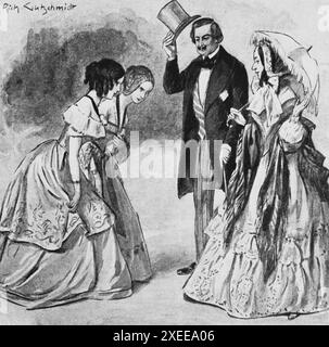 Deux jeunes femmes s'inclinent devant le couple, la vie comportementale des femmes et le rôle de genre fin du 19ème siècle,,illustration historique 1890 Banque D'Images