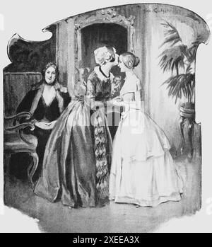 Deux dames âgées accueillent un jeune visiteur, la vie des femmes et le rôle de genre fin du 19ème siècle,,illustration historique 1890 Banque D'Images