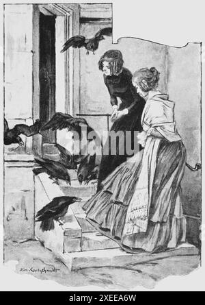 Jeunes femmes nourrissant les corbeaux, la vie des femmes et le rôle de genre fin du 19ème siècle,,illustration historique 1890 Banque D'Images