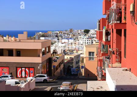 Morro Jable ville, située au sud de l'île de Fuerteventura par l'océan Atlantique d'en haut, Espagne Banque D'Images