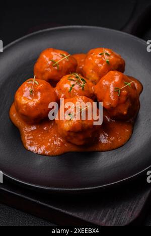 Délicieuses boulettes de viande fraîches en sauce tomate avec sel, épices et herbes Banque D'Images