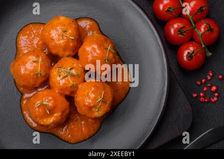 Délicieuses boulettes de viande fraîches en sauce tomate avec sel, épices et herbes Banque D'Images