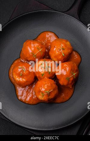 Délicieuses boulettes de viande fraîches en sauce tomate avec sel, épices et herbes Banque D'Images