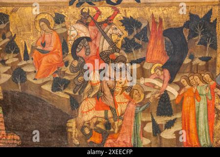 Guerriers et diable, retable de Santa Quiteria, Joan Loert, vers 1300, tempera sur panneau, Hospital de Sant Antoni, Palma, mortier de chaux et loa inerte Banque D'Images