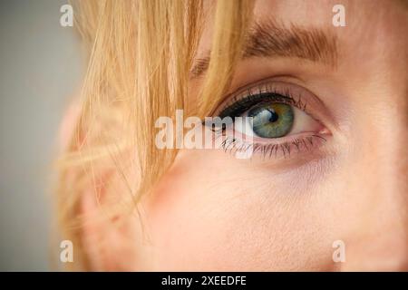 Gros plan photo de Woman's Eye regardant la caméra sur fond de studio Banque D'Images