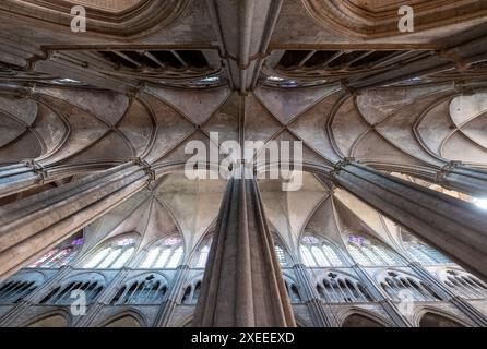 Vue vers le haut dans la magnifique cathédrale de Bourges de St Etienne, en France, classée au patrimoine mondial de l'UNESCO. Banque D'Images