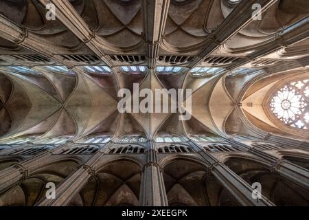 Vue vers le haut dans la magnifique cathédrale de Bourges de St Etienne, en France, classée au patrimoine mondial de l'UNESCO. Banque D'Images