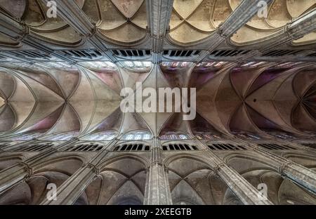 Vue vers le haut dans la magnifique cathédrale de Bourges de St Etienne, en France, classée au patrimoine mondial de l'UNESCO. Banque D'Images