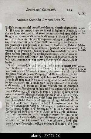 Mappamondo Istorico. Volume VI partie I. deuxième chapitre. Empereurs ottomans. Murad II (1404-1451) Sultan de l'Empire ottoman (1421-1444, 1446-1451). Par le Père Antonio Foresti (1625-1692), de la Compagnie de Jésus. Parme, 1710. Auteur : Antonio Foresti (1625-1692). Jésuite italien et historien. Banque D'Images