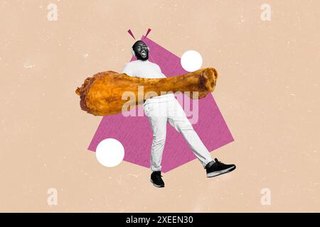 Illustration de tendance composite image d'esquisse 3D collage photo de caricature image surréaliste jeune homme sombre marcher main tenir la jambe de poulet frite Banque D'Images