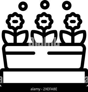 Dessin au trait de trois fleurs poussant dans une boîte à fleurs sur le rebord de la fenêtre Illustration de Vecteur