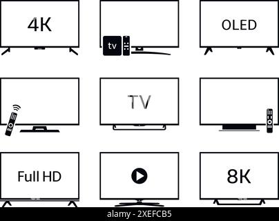 Icône TV définie. Contient des icônes telles que 4K, Full HD, OLED, 8K. Illustration vectorielle. Illustration de Vecteur