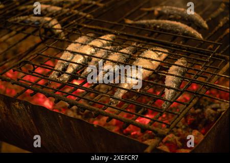 Sardines grillant dans un gril, sardines salées grillant sur des charbons chauds sur une grille métallique, avec une lueur chaude des braises en dessous. Banque D'Images