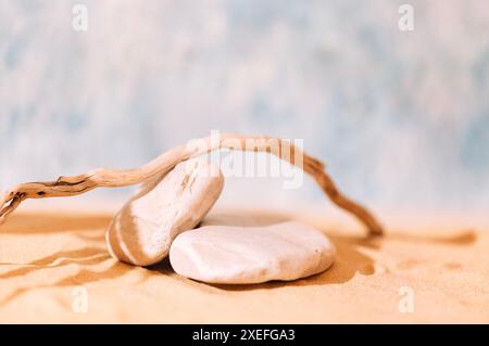 Une scène pour les produits cosmétiques de beauté avec des pierres texturées et une branche d'arbre. Un podium vide pour paquet performant avec sable et Banque D'Images