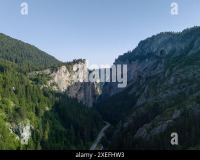 Vue aérienne d'une route étroite passant par une gorge avec des falaises rocheuses abruptes et une forêt verdoyante Banque D'Images