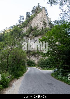 Étroite route de montagne serpente à travers une forêt verdoyante, menant à une formation rocheuse spectaculaire Banque D'Images