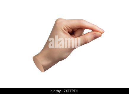 Geste de la main, pincement du doigt. Pouce attrapant, pressant, fond blanc. Saisir, prendre. Signe, symbole du corps. Femme montrant, tenant minuscule, petit obje Banque D'Images