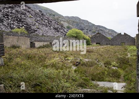 Les ruines intérieures du bâtiment no 3 des usines d'ardoise d'Ardal ont ouvert en 1927 et ont servi à la préparation des ardoises de toiture de la carrière d'ardoise de Dinorwig, dans le nord du pays de Galles Banque D'Images