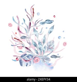 Arrangement de mer délicat avec des algues bleues et de petits poissons aquarelle. Bulles d'eau et plantes marines roses avec coquillages illustration dessinée à la main. Mer Banque D'Images