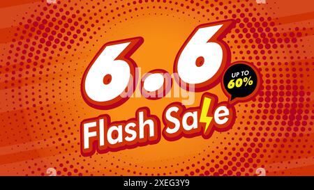 Modèle de vente flash de juin 6,6 pour la campagne de publicité shopping. Affiche orange avec des éléments de tonnerre. Publicités pour le Web, les médias sociaux, les achats en ligne Illustration de Vecteur
